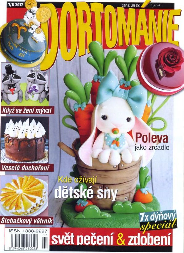 Titulní strana Dortománie 7/8 2017, kde otiskli mé 2 dorty na straně 12.